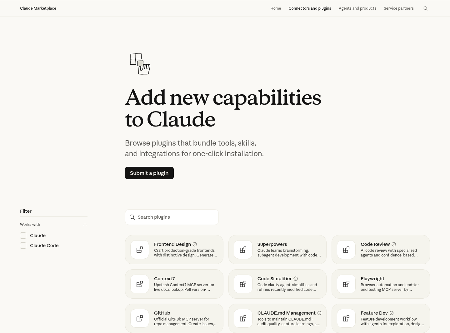 הדף Claude Marketplace באתר claude.com: כותרת Add new capabilities to Claude, מסנן Works with עם Claude ו-Claude Code, שדה Search plugins, והכפתור Submit a plugin
